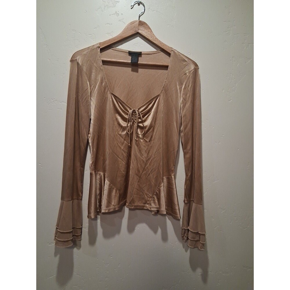 Vtg The Limited Bronze Lustrous‎ Stretchy Top Flare Sleeve Peplum Renfair Size L